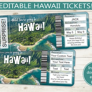 Custom tickets to Hawaii // Printable Adobe Editable PDF // vacation reveal, trip surprise, customize, digital file boarding pass, text name