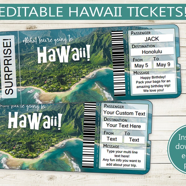 Custom tickets to Hawaii // Printable Adobe Editable PDF // vacation reveal, trip surprise, customize, digital file boarding pass, text name