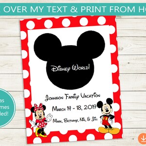 May include: Printable Disney World vacation card with a red and white polka dot background. The card features a black silhouette of Mickey Mouse's head with the text "Disney World!" inside. The card also includes the text "Johnson Family Vacation", "March 14-18, 2019", and "Mark, Bethany, Nik & Jill".