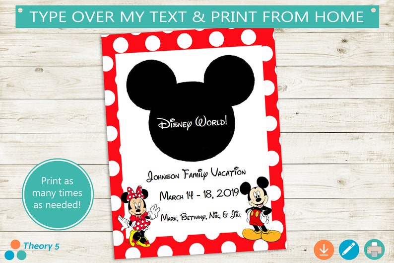 May include: Printable Disney World vacation card with a red and white polka dot background. The card features a black silhouette of Mickey Mouse's head with the text "Disney World!" inside. The card also includes the text "Johnson Family Vacation", "March 14-18, 2019", and "Mark, Bethany, Nik & Jill".
