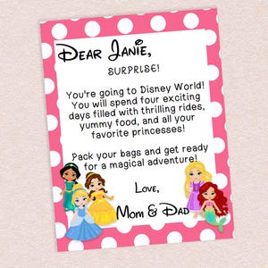 Trip Reveal Letter // Adobe Editable PDF //  Vacation World Land, Princess,  note, personalized, printable, DIY home, characters, pink, kids
