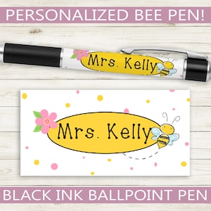 Custom Pen with Fun Bee Design // Personalized Black ink ballpoint pen // teacher appreciation gift idea, name present, stationery useful