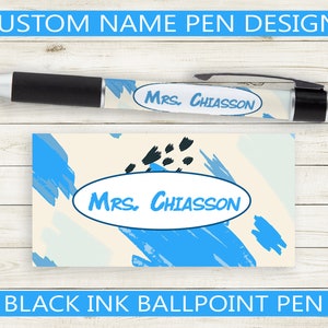 Custom Pen with Name // Personalized Black ink ballpoint pen // teacher appreciation gift idea, name present, stationery, blue art design