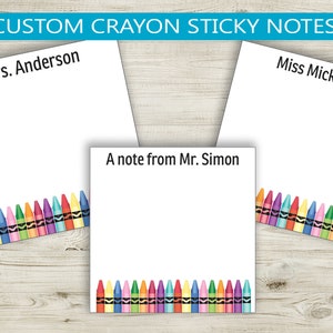 Personalized Sticky Notes in Fun Crayon Design // teacher gift idea, teacher appreciation, custom gift idea, name crayons, elementary school