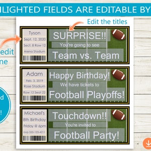 Printable and Editable Football Tickets // Adobe PDF, Surprise Game Tickets Stub Birthday ...
