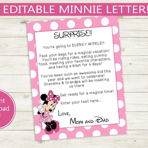 Carta imprimible y editable Revelación de viaje de vacaciones // PDF editable // carta sorpresa, personaje, viaje, lindo, rosa, lunares, 8x10, diy