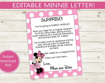 Printable and Editable Letter Vacation Trip Reveal // Editable PDF // surprise letter, character, trip, cute, pink, polka dots, 8x10, diy