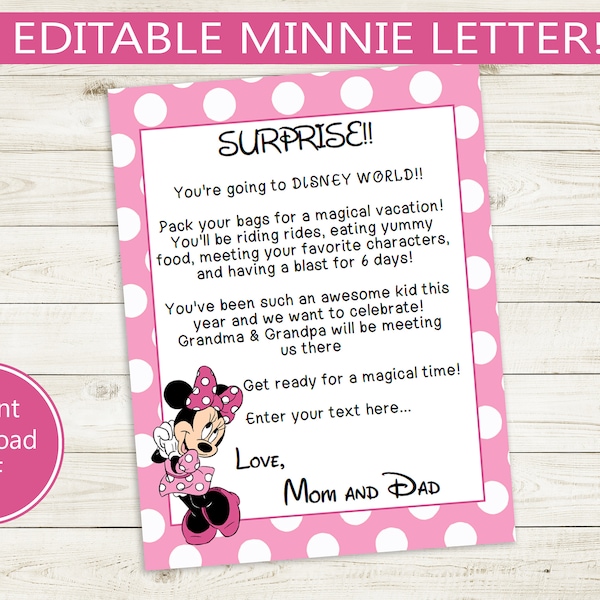 Printable and Editable Letter Vacation Trip Reveal // Editable PDF // surprise letter, character, trip, cute, pink, polka dots, 8x10, diy