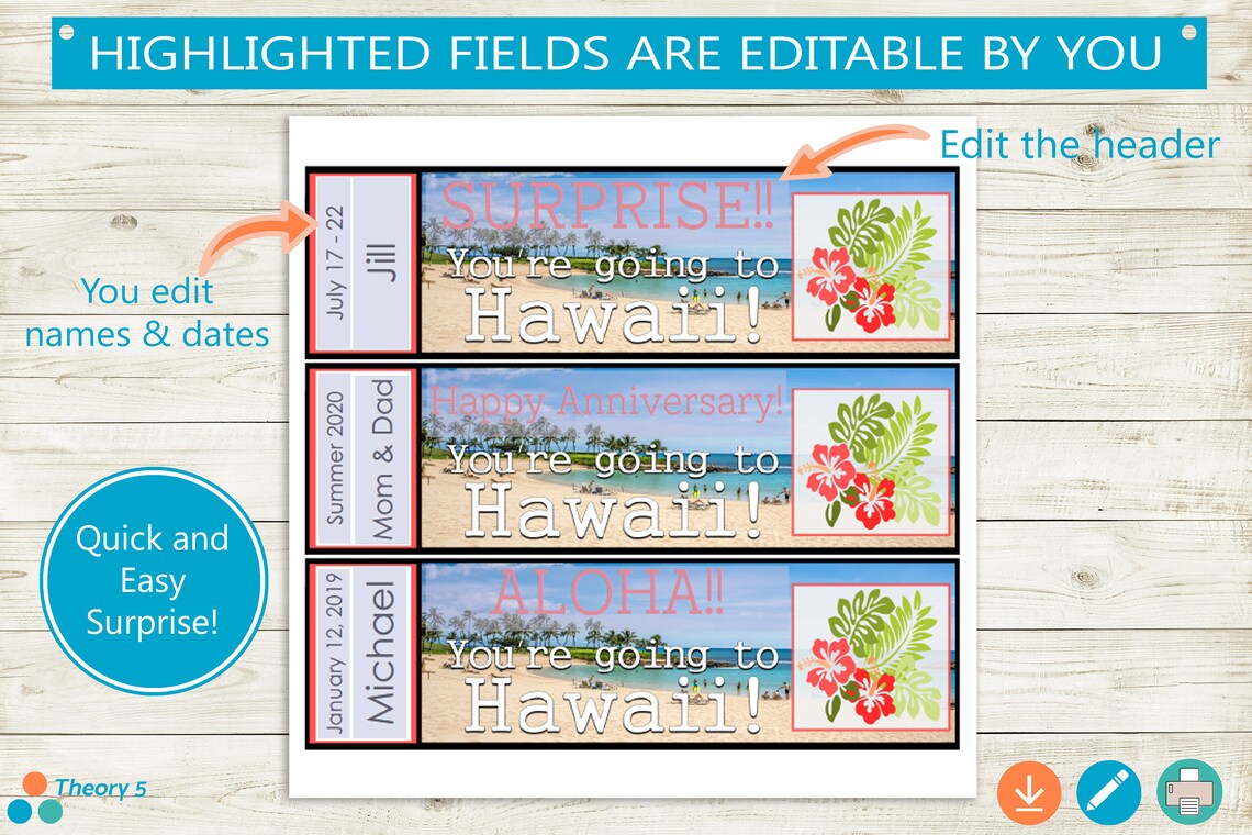 Printable SURPRISE Tickets to Hawaii // Adobe Editable PDF // Etsy