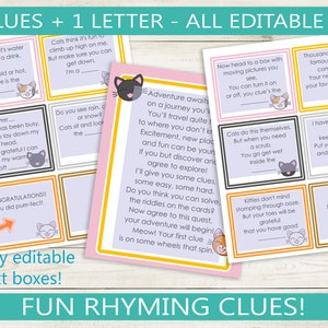 May include: A set of 13 printable clue cards featuring a cat theme. Each card has a rhyming clue and a cute cartoon cat illustration. The cards are designed for a scavenger hunt or game. The text on the cards is editable.