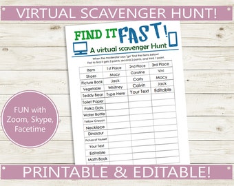 Virtual Scavenger Hunt // Printable and Editable PDF // digital game, play with family and friends, youth group, custom, play from home fun