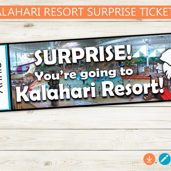 Kalahari Resort Surprise Trip Reveal Tickets // Adobe editable PDF // surprise, vacation, hotel, custom DIY party, gift idea, vacation, pool