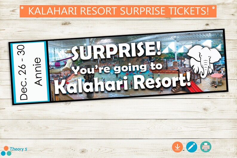 Kalahari Resort Surprise Trip Reveal Tickets // Adobe editable Etsy