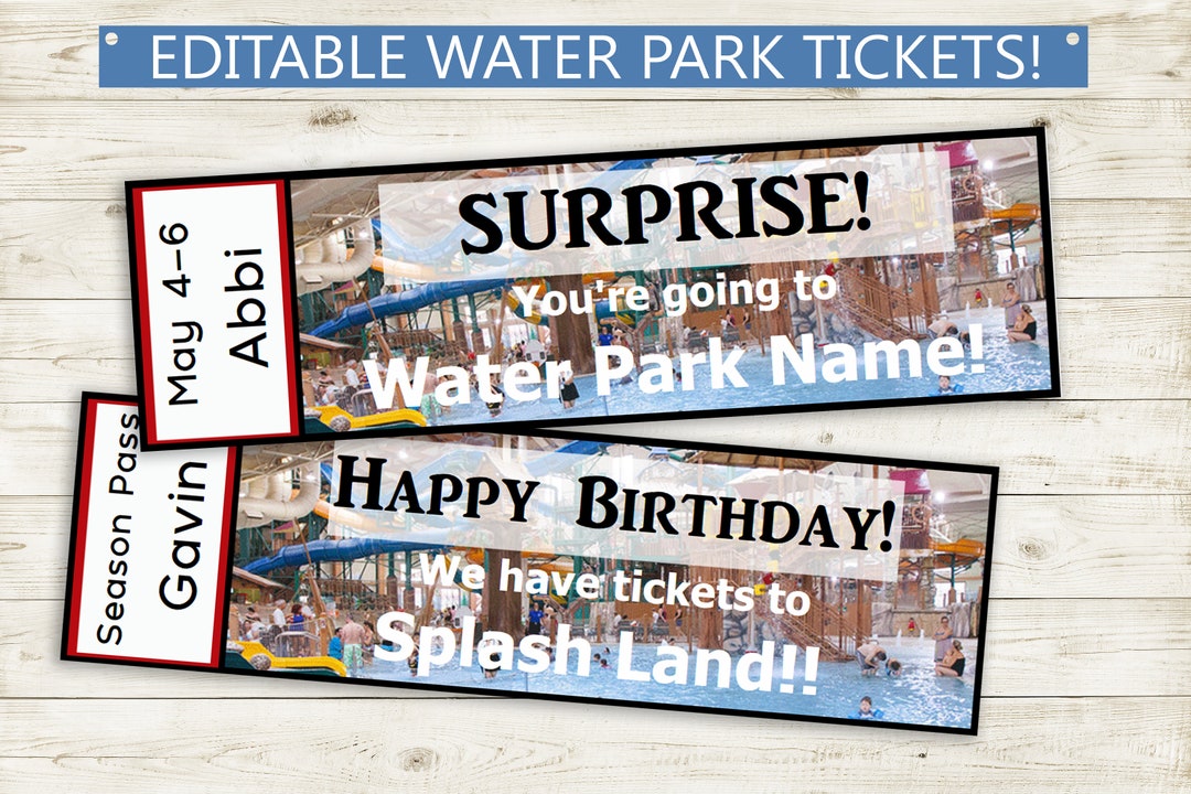 Printable and Editable Water Park Tickets! Adobe Editable PDF, Trip Reveal Tickets, Surprise ...