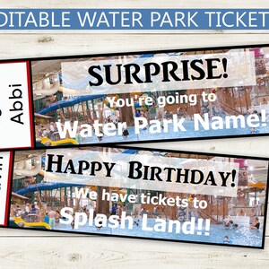 Druckbare und bearbeitbare Water Park Tickets! Adobe bearbeitbare PDF, Reise enthüllen Tickets, Überraschung, Urlaub, benutzerdefinierte, DIY, Überraschungsgeschenkidee