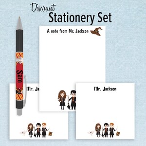 Custom Wizardry Stationery Set - 2 Sticky Note Pads, 1 Pen, 1 Notepad Included, teacher appreciation office birthday gift idea personalized
