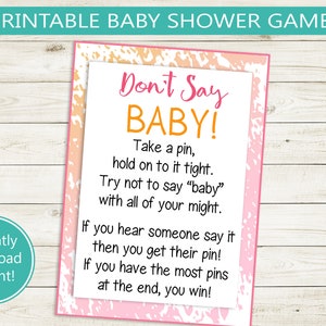 Don&#39;t Say Baby Printable Baby Shower Game // Pink Orange, template, party games digital file instant download 5x7 and 8x10, sign clothes pin