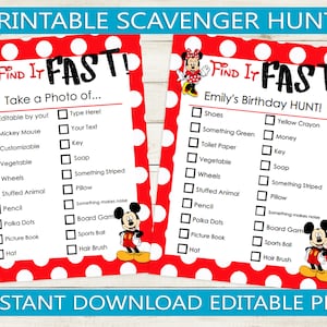 Printable & Editable Scavenger Hunt Themed // Mouse Theme, birthday party game indoor outdoor custom text for kids template