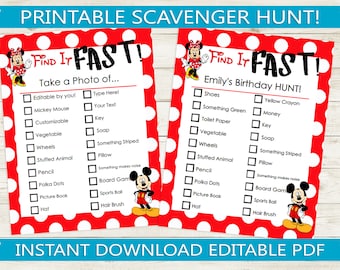 Printable & Editable Scavenger Hunt Themed // Mouse Theme, birthday party game indoor outdoor custom text for kids template