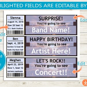 May include: Printable ticket template with editable fields for a concert, birthday party, or other event. The template features a blue and white background with a fireworks design. The text on the template reads "Surprise! You're going to see Band Name!" "Happy Birthday! You're going to see Artist Here!" and "Let's Rock!! You're going to see Concert!!"
