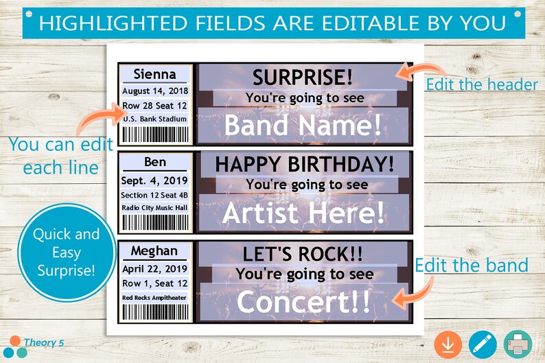 May include: Printable ticket template with editable fields for a concert, birthday party, or other event. The template features a blue and white background with a fireworks design. The text on the template reads "Surprise! You're going to see Band Name!" "Happy Birthday! You're going to see Artist Here!" and "Let's Rock!! You're going to see Concert!!"