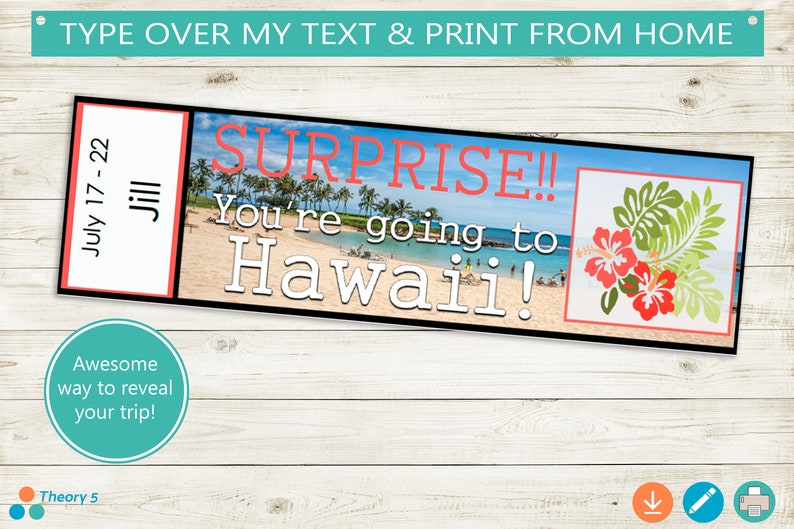 Printable SURPRISE Tickets to Hawaii // Adobe Editable PDF // Etsy