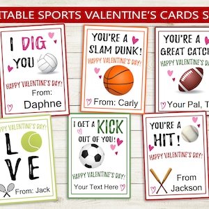 Sports Printable Valentine's Day Cards // Instant Download Valentine Editable PDF Name // baseball, football, volleyball, tennis kids school