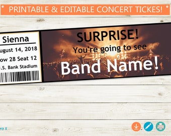 SURPRISE Concert Tickets // Adobe Reader Editable PDF // Instant Download, DIY, concert reveal, custom names, band, gift idea, template