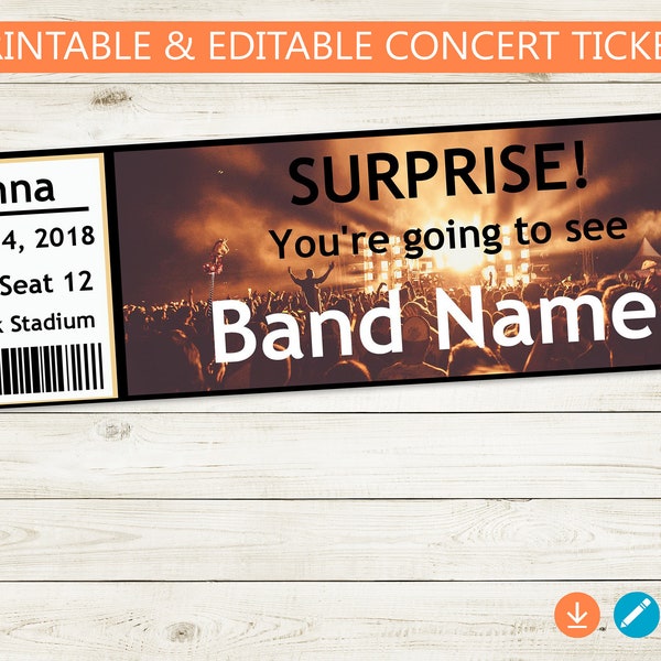 SURPRISE Concert Tickets // Adobe Reader Editable PDF // Instant Download, DIY, concert reveal, custom names, band, gift idea, template