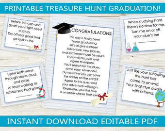 Graduation Treasure Hunt Printable Clues // Editable PDF with 12 Rhyming Clues // instant download party game school graduate college high