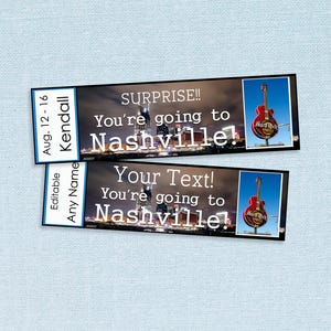 Afdrukbare en bewerkbare tickets voor Nashville // Adobe bewerkbare pdf, kaartjes voor onthulling, verrassing, vakantie, op maat gemaakt doe-het-zelffeest, cadeau-idee afbeelding 1