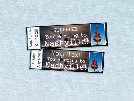 Printable and Editable Tickets to Nashville // Adobe editable PDF, trip reveal tickets, surprise, vacation, custom DIY party, gift idea