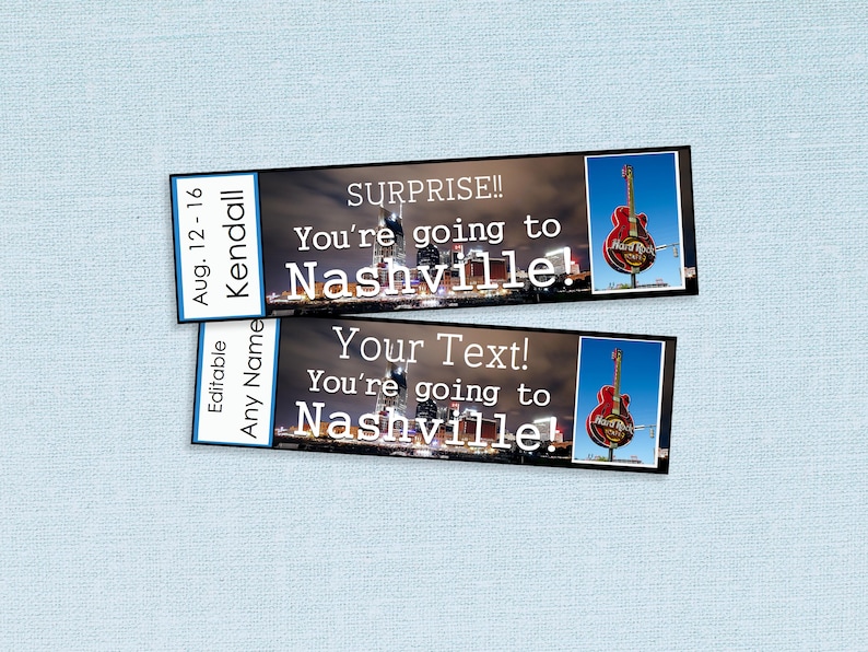 Afdrukbare en bewerkbare tickets voor Nashville // Adobe bewerkbare pdf, kaartjes voor onthulling, verrassing, vakantie, op maat gemaakt doe-het-zelffeest, cadeau-idee afbeelding 1
