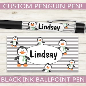 Custom Penguin Pen // Black ink ballpoint pen with personalized name and cute fun design // gift idea, teacher appreciation, penguin present