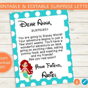 Printable and Editable Princess Letter! Adobe editable PDF, birthday, trip reveal, surprise custom DIY gift idea vacation red mermaid