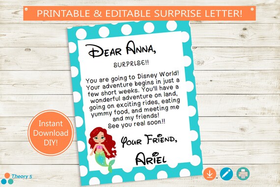 Printable and Editable Vacation Describe Disney Letter! Adobe editable PDF, birthday, Ariel, wonder customized Do-it-yourself reward principle holiday vacation tiny mermaid graphic relating to You're Going to Disney World Printable named Printable and Editable Holiday Demonstrate Disney Letter! Adobe editable PDF, birthday, Ariel, speculate custom made Do it yourself reward concept holiday vacation minimal mermaid