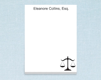 Custom Notepad with Lawyer Design and Personalized Text // 50 sheets per stack, 4"x5.5" size // law scales justice mercy attorney stationery