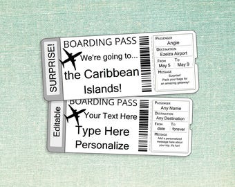 Billets personnalisés carte d'embarquement d'avion // PDF modifiable imprimable en Adobe // révélation de vacances, voyage surprise, personnalisation, fichier numérique anniversaire