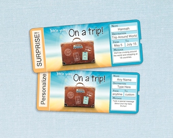 Custom Vacation Tickets // Printable Adobe Editable PDF // vacation reveal, trip surprise, customize, digital file, boarding pass, birthday