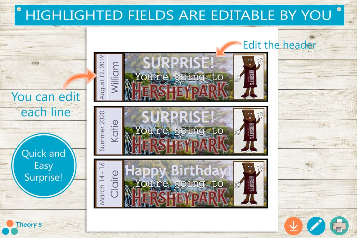 Printable and Editable Tickets to Hershey Park // Adobe Etsy
