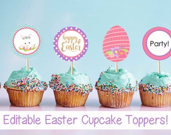 Easter Party Cupcake Toppers // editable, printable, holiday, easter bunny, instant download, topper, cake toppers circle, custom text, DIY