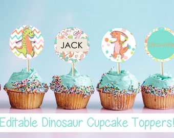 Dinosaur Cupcake Toppers // editable, printable, birthday party, baby shower, instant download, dino, circles, topper, cake toppers, name