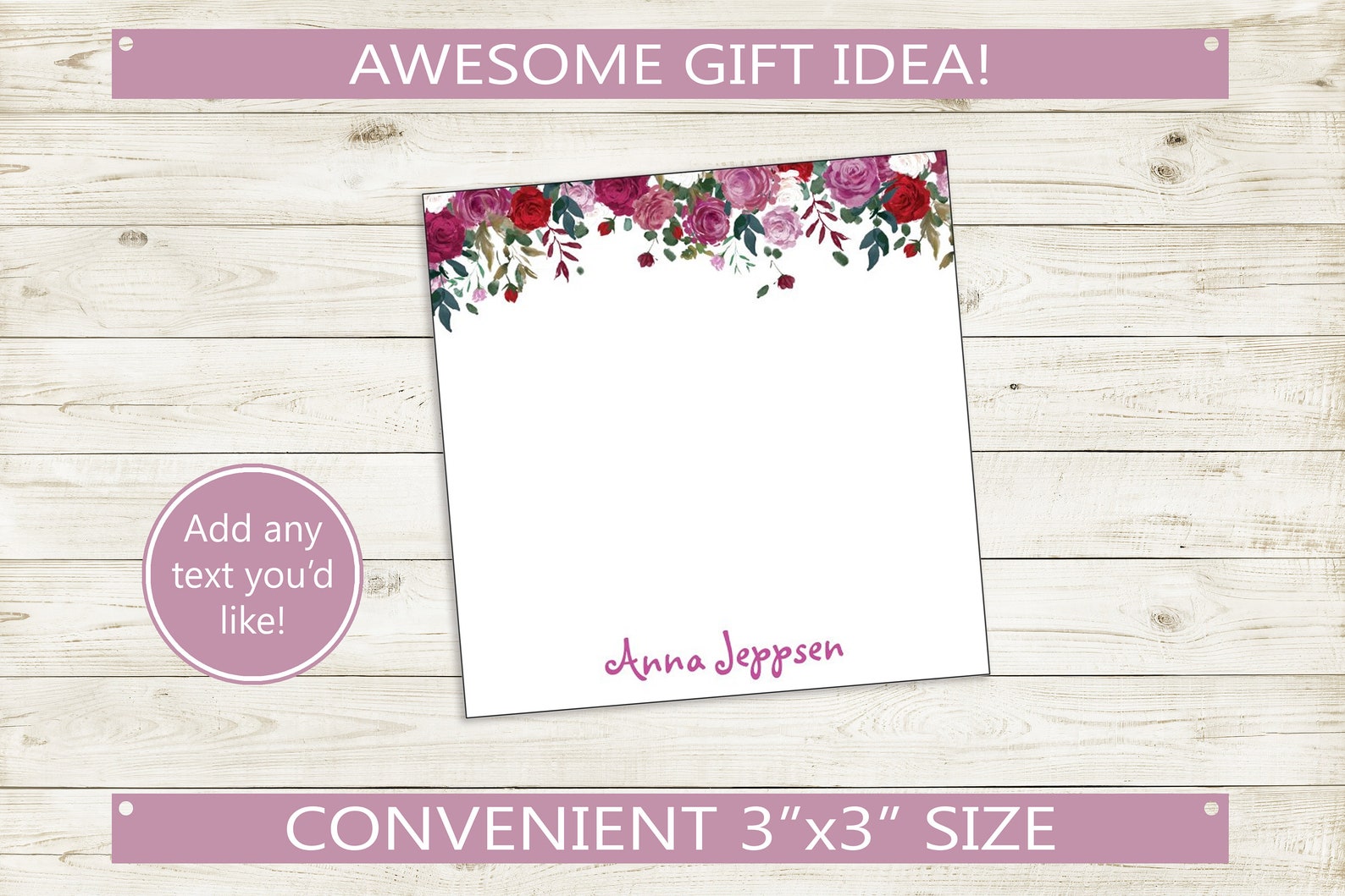 Custom Sticky Notes // Beautiful Flower Design, Custom Text ...