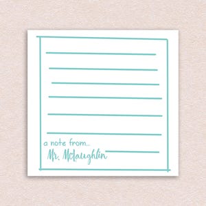 Personalized Sticky Notes with Custom Name // 3"x3", teacher appreciation, gift idea, stationery text, paper, lines, blue border, cute fun