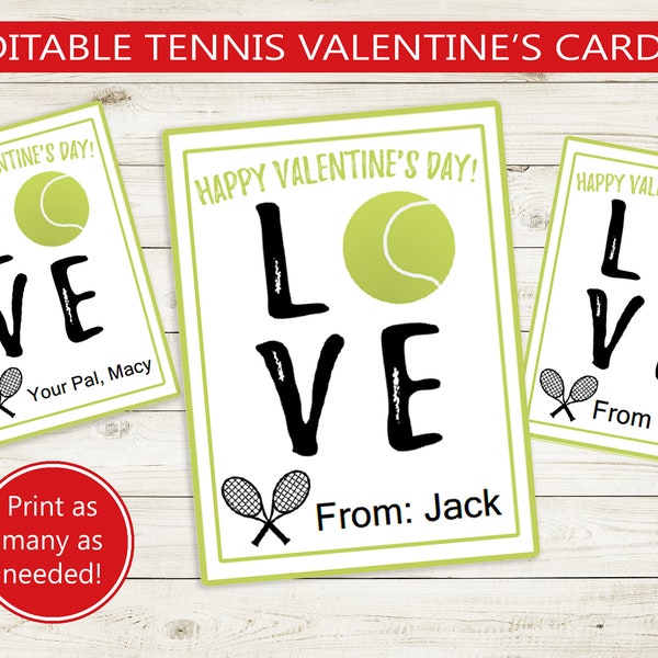 Tennis Printable Valentine's Day Cards // Instant Download Valentine Editable PDF Name // Print from Home, kids, fun school sports ball love