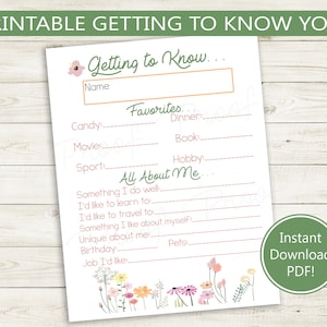 Getting to Know You Printable // 8.5" x 11" PDF, two per page or full page // All About Me, new student, friends, party, game, favorites DIY