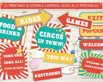 Editable Carnival Circus Signs Lot // Instant Download PDFs // 11 Signs & 13 Printables, Carnival Party Signs, Birthday Decorations Vintage