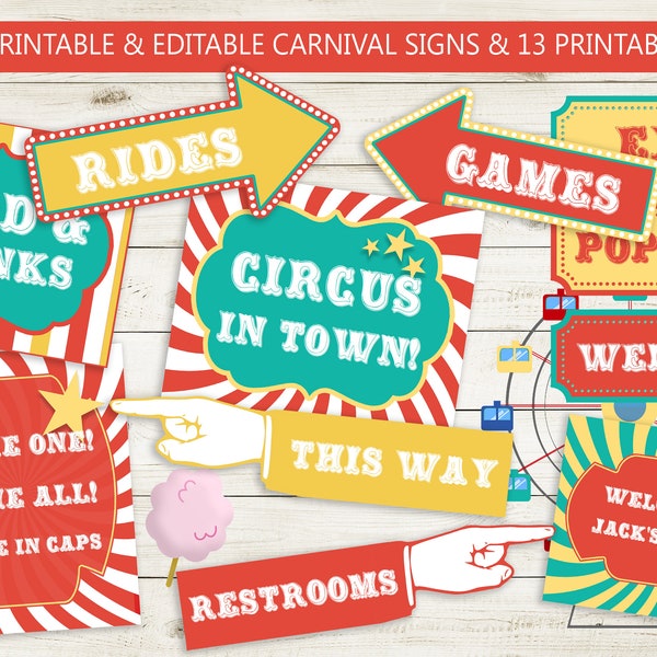 Editable Carnival Circus Signs Lot // Instant Download PDFs // 11 Signs & 13 Printables, Carnival Party Signs, Birthday Decorations Vintage