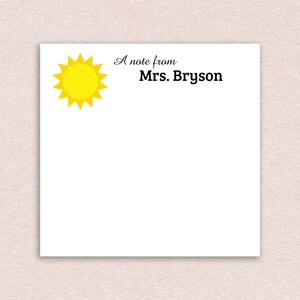 Personalized Sticky Notes with Sun Design and Custom Name // 3"x3", gift idea, teacher appreciation stationery text cute fun paper sunshine