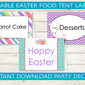 Cartes de tente de Pâques modifiables // PDF imprimable, étiquettes alimentaires, décor de fête personnalisé, décorations, fête de lapin, vous tapez des rayures de chevron de texte